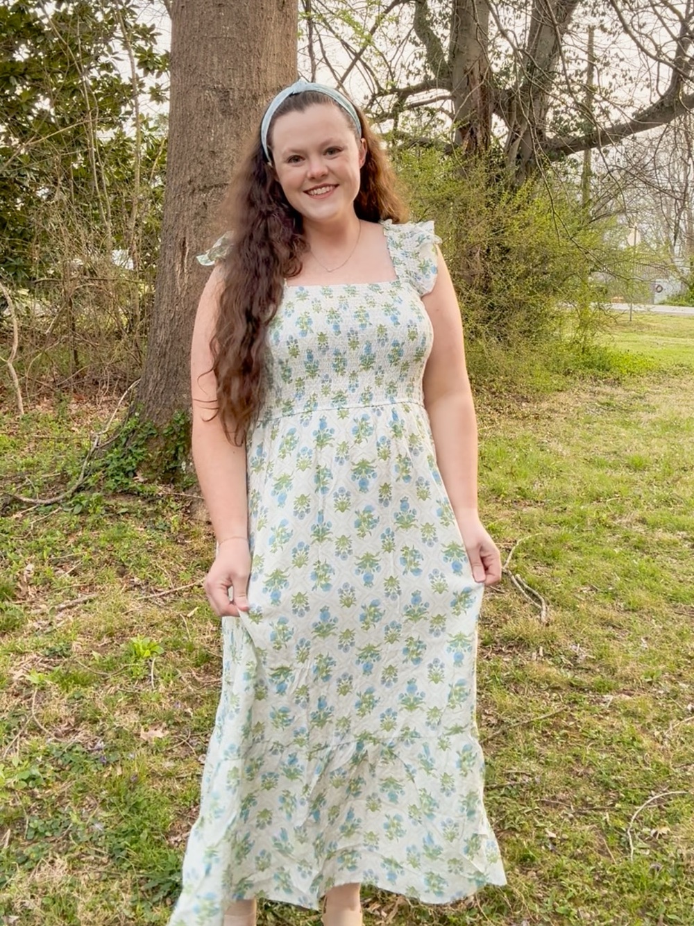 Smocked Floral Maxi Dress with Ruffle Tie Straps - Blue/Green